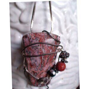 Leopardskin Jasper and Silvery Wire Wrapped Faceted Carnelian Spiral Pendant Cha